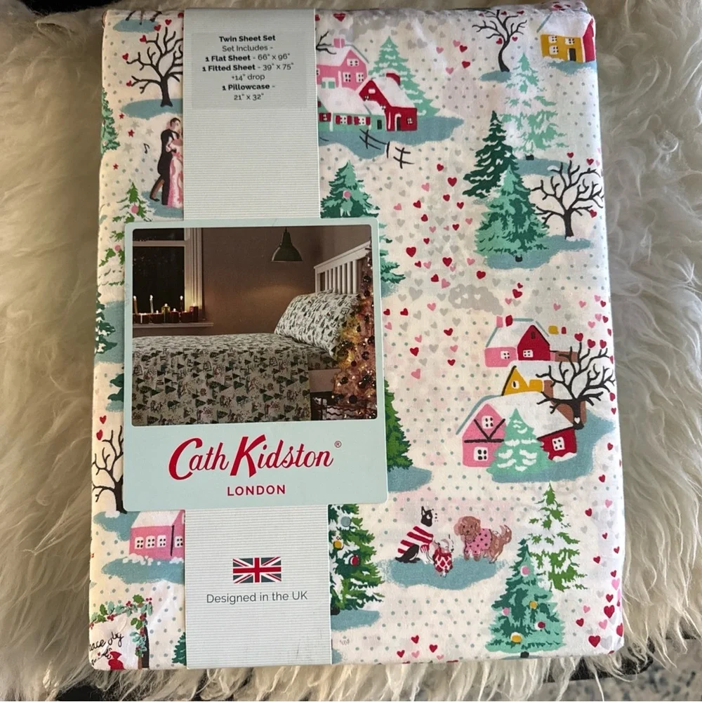 Cath Kidston White Holiday Village Print Twin Sheet Set